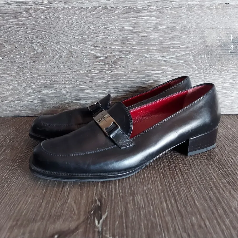 Salvatore Ferragamo Loafers Sport Black Leather Low Heel Dress Silver Loafer 5.5